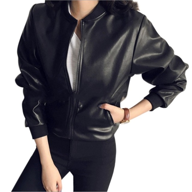 2018 Autumn PU Leather Jacket Women Black Color Washed Short Jacket O-Neck Zippers Slim Coats Ladies Solid Color